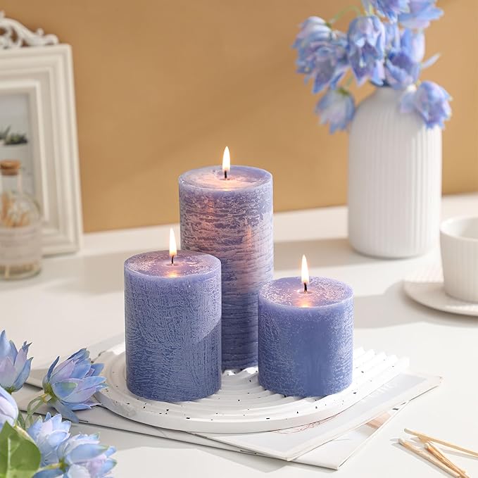3x6 Inch Blue Pillar Candles Set of 3 - Hand-Poured Unscented Candles, Long Clean Burning, Large Big Candle, Smokeless Dripless Candle for Dinner Table, Wedding, Home, Bathroom, Rustic Decor