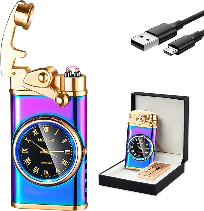 GADATOP Electric Lighter Rechargeable USB Lighter Flameless Windproof Lighter Personalized Creative Rocker Double Arc Plasma Lighter with Luminous Dial LED for Men and Women Gifts (Color Ice)