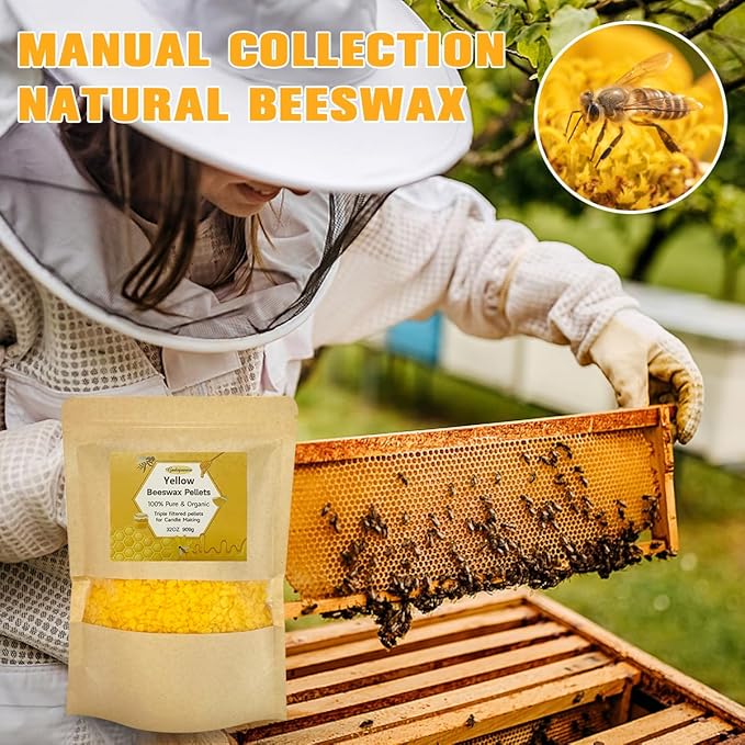 Organic Beeswax Pellets - 907g Yellow Beeswax Pastilles, Pure Natural Bulk Bees Wax Pellets for DIY Beeswax Making Candles Skin Care Lip Balm Soap Lotion (2lb)