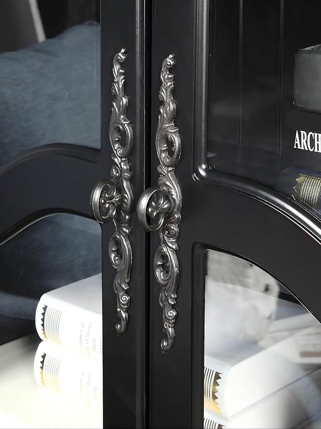 Farmhouse Arched Display Cabinet Bookcase Bookshelf with Glass Doors and Adjustable Shelves, 72" Tall 6 Tiers French Country-Inspired Wooden Curio Cabinet for Living Room, Office (Distressed Black)