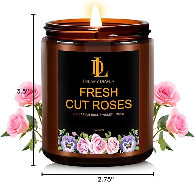 Fresh Cut Roses Candles, Fresh Cut Roses Scented Candle, Mother's Day Candle Gifts for Women, Soy Candles for Home Scented, 7oz 50 Hours Burn, Home Décor