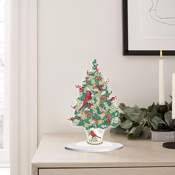 DIY Diamond Painting Tabletop Ornament Kit, Acrylic Diamond Art Desktop Ornaments Christmas Tree with Cardinals, Special Shaped Crystal Diamond Painting Table Top Home Office Christmas Decor