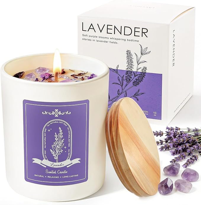 Lavender Scented Candle Gift - 10oz Natural Soy Wax with Crystals, 60H Long Lasting Aromatherapy Candle for Relaxation, Birthday Mother's Day Gifts for Women