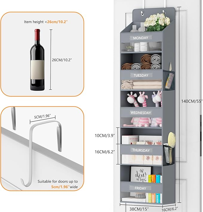 VERONLY Over The Door Organizer Storage, 5 Shelf Hanging Organizer with 4 Large Capacity Pockets, Anti Tilt 44 lb Load Behind Door Organizer for Bedroom, Bathroom, Pantry, Nursery