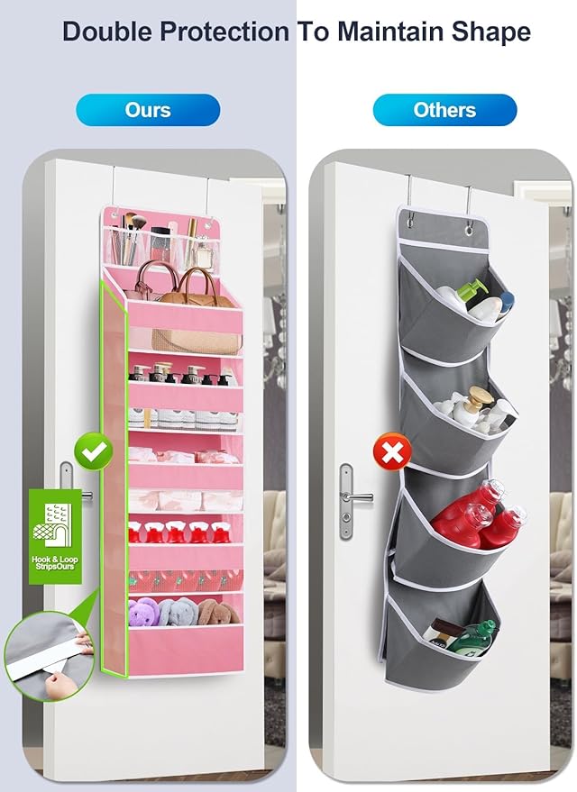 Over the Door Organizers Storage - 5 Shelf Hanging Storage shelves Door Organizer with Pockets, Anti Tilt 44 lb Load Behind Door Organizer for Bedroom,Nursery,Bathroom,Kitchen,Dorm,Shoe - 1 Pack, Pink