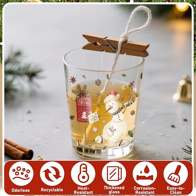 Ziliny 12 Pack 7 oz Christmas Glass Candle Jar with Wood Lids Xmas Retro Thick Empty Jars for Making Candles Small Holiday Container Bulk for Gifts Making DIY Party Supplies Accessories