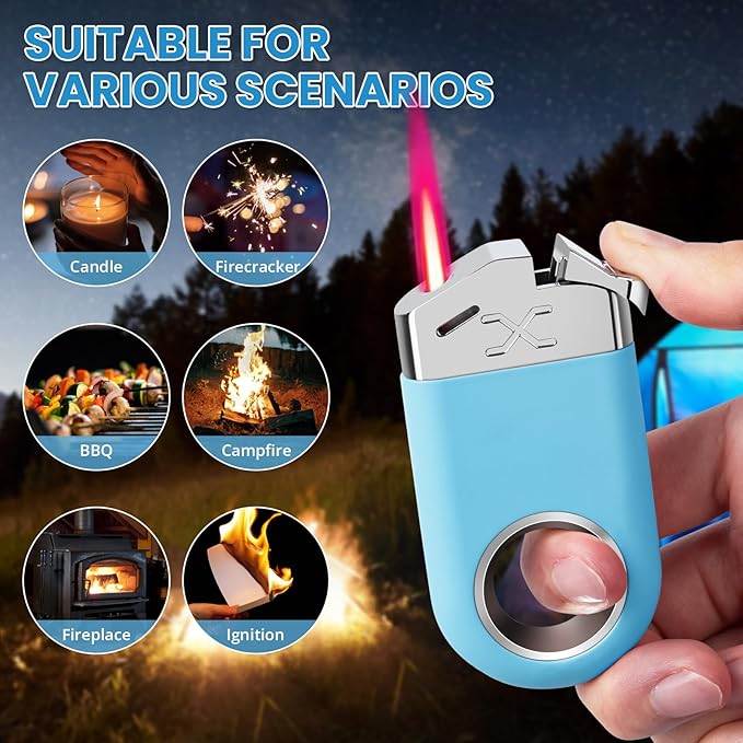 Mini Torch Lighter Cool Ring Lighter, Small Keychain Fidget Lighters Refillable Butane Torch for Candle BBQ, EDC Pocket Lighters with Adjustable Jet Flame, Unique Gifts for Men Women (Blue)