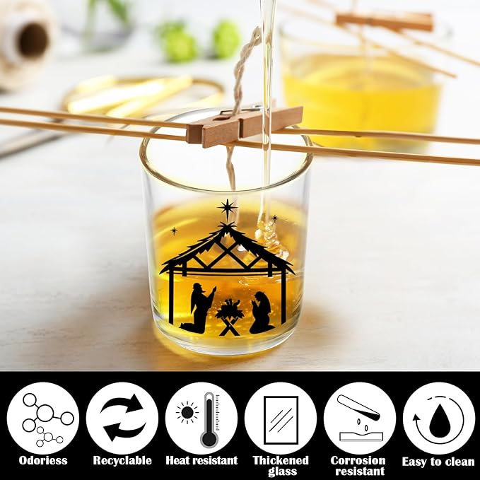 Ziliny 10 Pcs Christmas Glass Candle Jars Empty Containers Bulk 7 oz Glass Jars with Cork Lids Tins for Candle Making Storing Biscuits Tea Party Favors(Nativity)