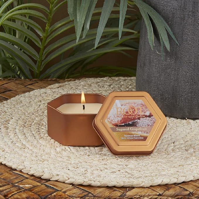 Root Candles Scented Candles in Travel Tin 24-Hour Honeycomb Traveler Handcrafted Beeswax Blend Candle, 4-Ounce, Sugared Grapefruit