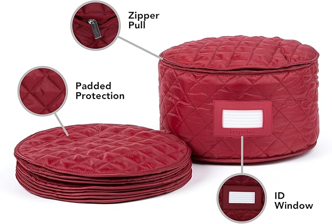 Covermates Keepsakes Dish Storage Case – Padded China & Dinnerware Organizer, Quilted Polyester Protection, ID Window, Zipper Closure, Machine Washable, Red