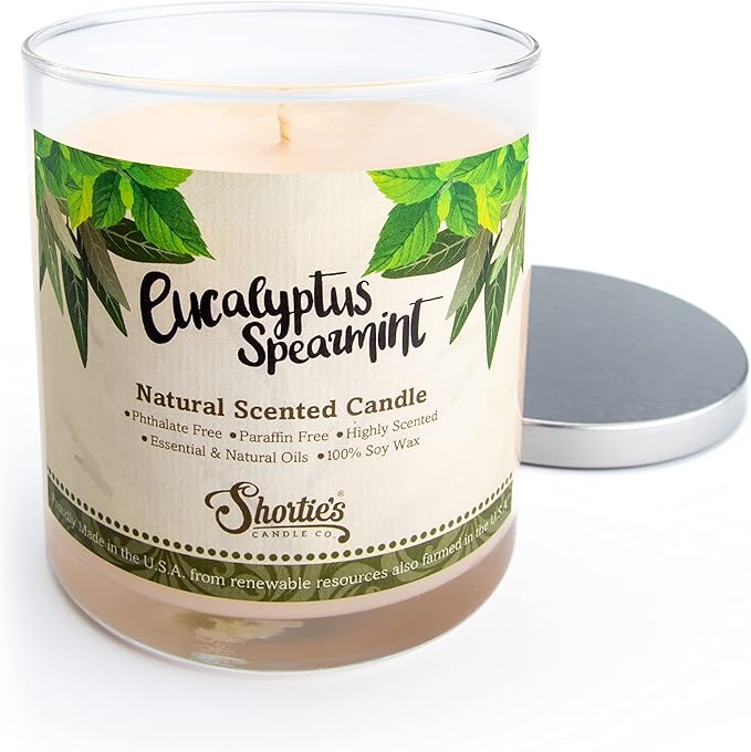 Eucalyptus Spearmint Scented Natural Soy Candle, Essential Fragrance Oils, 100% Soy, Phthalate & Paraben Free, Clean Burning, 9 Oz.