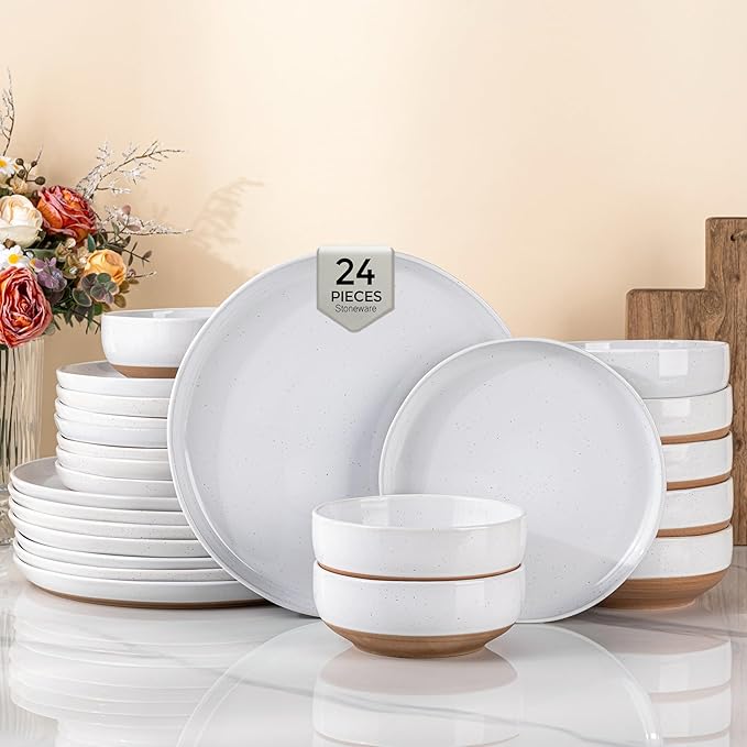 AmorArc Ceramic Dinnerware Sets for 8, 24 Pieces Handpainted Plates and Bowls Set with Rustic Terracotta Underside, Scratch Resistant Stoneware Dishes Set, Dishwasher & Microwave Safe, White