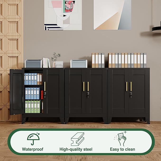 Black Metal Storage Cabinet, 36" Tall Locking Storage Cabinet with 2 Adjustable Shelves, Steel Locker Organizer, for Office, Home, School, 11.81" D x 23.62" W x 35.83" H