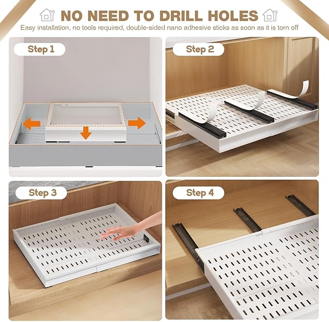 2 Pack Pull Out Cabinet Organizer With Raising Pad for Framed Cabinets,Expandable Width (15"-25") and Depth (17"-24"),3 Slide Rails Slide Out Drawers with Handle,No-Drill Roll Out Shelf,White