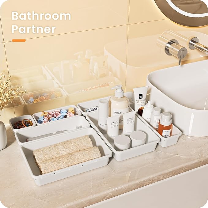 【𝟮𝟴𝗣𝗖𝗦】 【𝟱𝗦𝗶𝘇𝗲】 White Drawer Organizer, Makeup organizer, 【Holds 177 Items】 Bathroom Organizers and Storage, Plastic Desk Organizer Divider, Organizer Bins for Office Vanity A-LUGEI