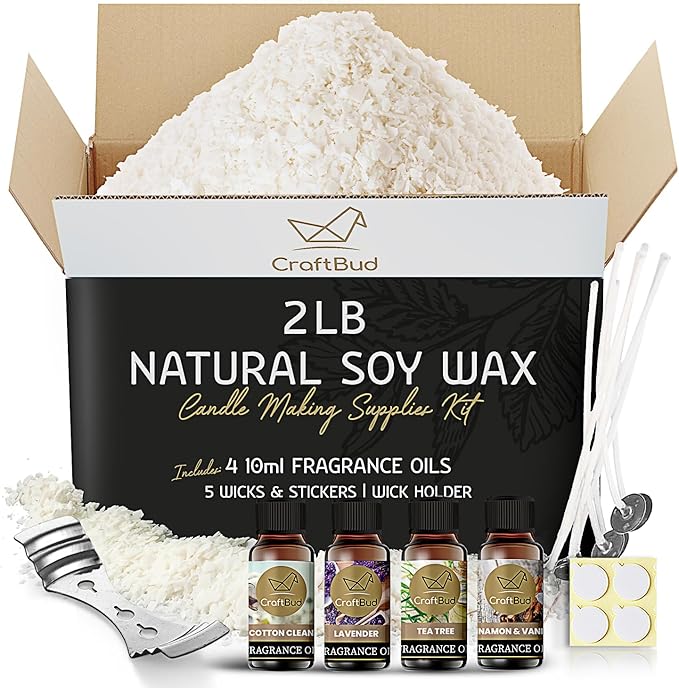 CraftBud Soy Candle Wax for Candle Making – Natural Soy Wax for Candle Making 2 lb Bag, Candle Making Wax, 2 Lbs. Soy Wax Flakes, 5 Candle Wicks, 4 Wick Stickers, and 1 Metal Centering Device