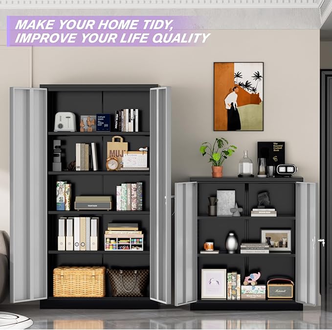 Superday Metal Storage Cabinets, 72" Storage Cabinet with Locking Door, Tall Garage Cabinet with 2 Doors and 4 Adjustable Shelves for Home Office, Classroom, Easy Assemble(Black Grey)