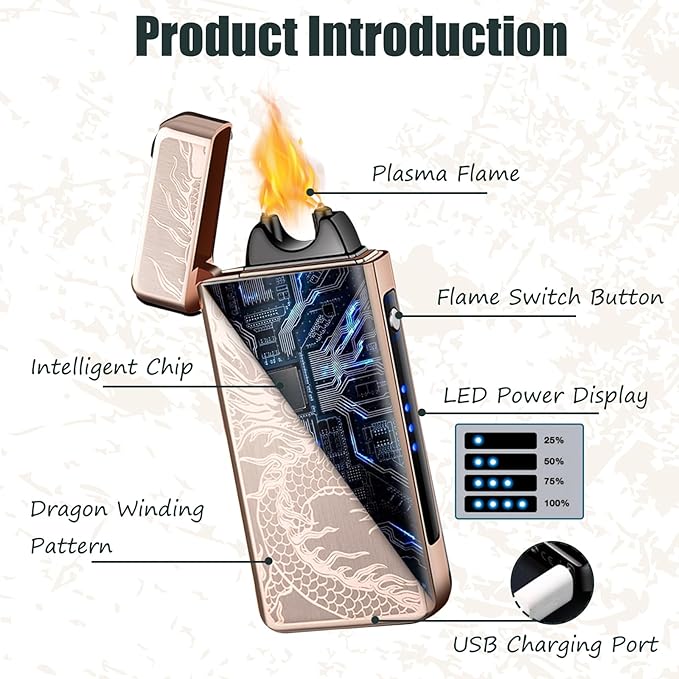 Electric Lighters - Plasma Dragon, USB Rechargeable, Windproof Flame, Butane Free with LED Battery Indication for Candles, Incense, Camping (Gold Dragon)