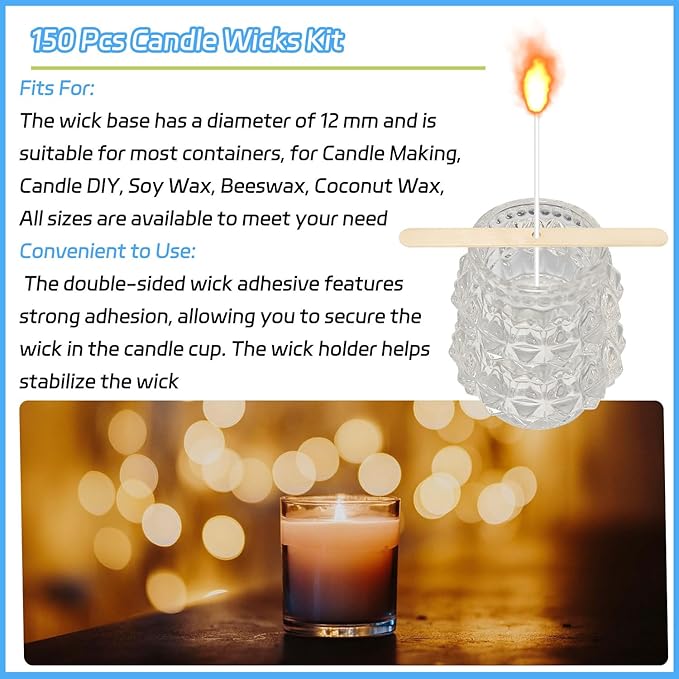 150 Pcs Candle Wicks Kit, Pre Waxed Cotton Wick with 150 Pcs Wick Stickers and 10 Pcs Candle Wick Holders for Soy Wax, Beeswax, Coconut Wax Candle Making and DIY
