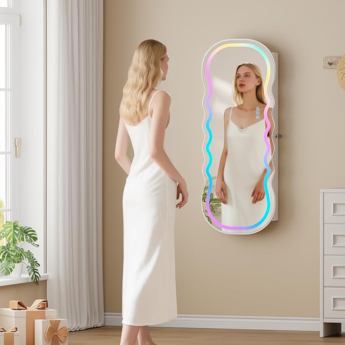 Lvifur RGB Lighted Mirror Jewelry Cabinet,LED Wavy Wide Mirror with Storage, Wall or Door Mounted Jewelry Organizer with Interior Mirror,Lockable Jewelry armoire,Gift Ideal
