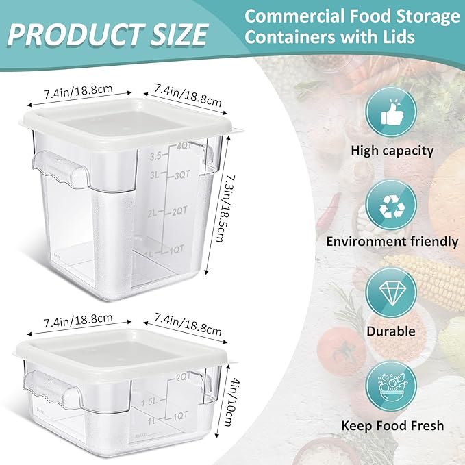 Yungyan 16 Pcs Restaurant Food Storage Containers with Lids Set 2Qt and 4Qt Commercial Restaurant Square Storage Containers Clear Food Cereal Container for Kitchen Freezer (White Lids)