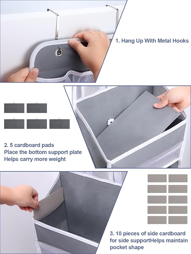Over the Door Organizers - 5 Tier Hanging Door Storage with 5 Spacious Pockets, Anti -Tilt 44 lb Load Behind Door Organizer for Bedroom,Nursery,Bathroom,Kitchen,Dorm,Pantry - 1 Pack,Grey