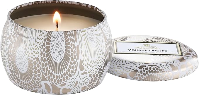 Voluspa Mokara Orchid, Mini Tin Candle, 4 oz, 25 Hour Burn Time, All Natural Wicks and Coconut Wax for Clean Burning, Vegan, Poured in The USA