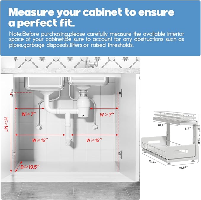 Under Sink Organizer Upgrade To Professional Rails,2-Tier Dual Pull Out Cabinet Storage,Height Adjustable Slide Out Drawers For Bathroom Kitchen,1 Pack-18.5"Dx12.8"-16.9"H,White
