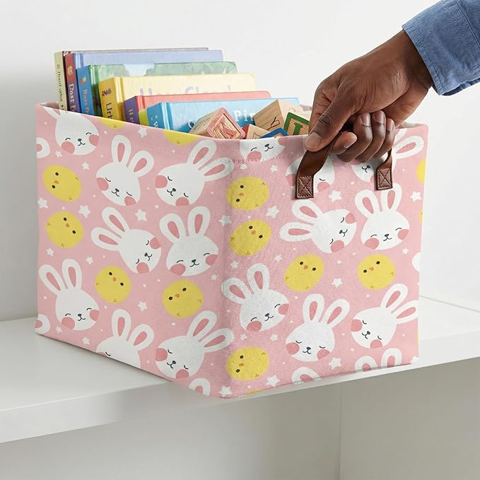 Large Cute Easter Basket for Kid Empty Gift Baby Rectangle Storage Bin Bunny Eggs Boy＆Girl Room Décor (Rabbit Chicken Star Pink)
