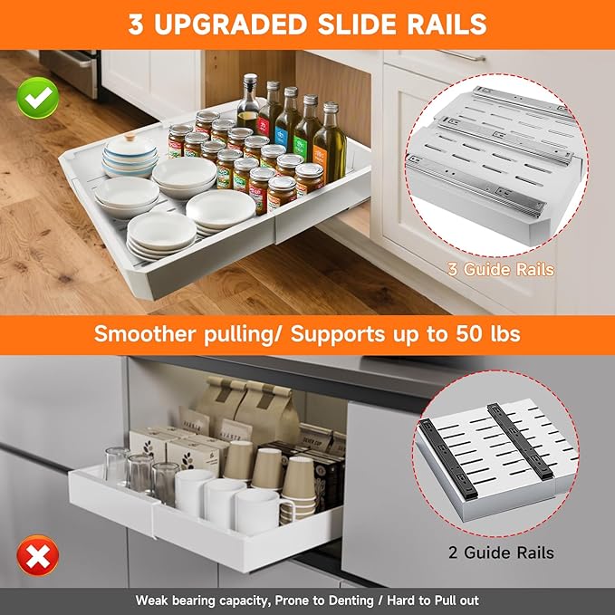 Pull out Cabinet Organizer 2 Pack,Adjustable Width (14"-19") and Depth (17"-24"),No Drill Slide out Drawers for Kitchen,Pantry,Adhesive Roll out Shelves,for Cabinets Without Lip,White