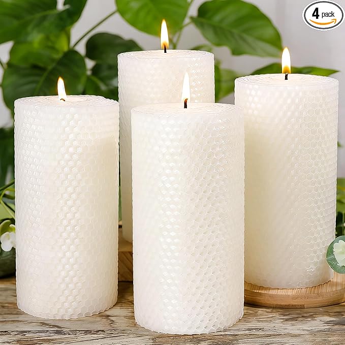 4 Packs 3x6 Inch White Beeswax Candles, Large Honeycomb Beeswax Pillar Candles, 45 Hours Burn Time, Natural Pure Bees Wax Candle Gift for Home Decor, Candle Lovers, Air Purify