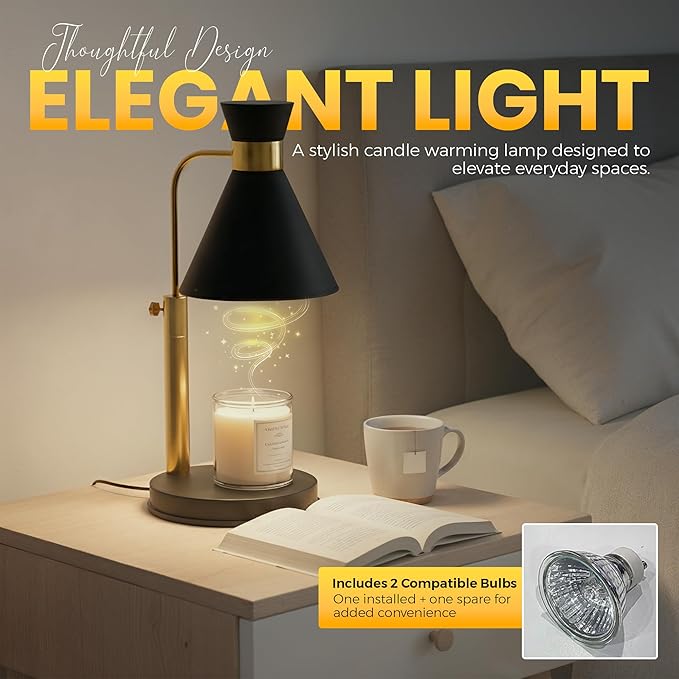 Candle Warmer Lamp with Timer & Dimmer, Adjustable Height and Brightness. Black & Gold Modern Wax Warmer for a Flameless, Cozy Home, an Elegant Birthday or Housewarming Gift for Women, Moms, and Men