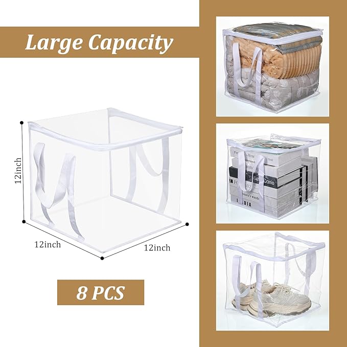 Windyun 8 Pcs Clear Zippered Organizers 12''x12''x12'' Moving Bags with Reinforced Handles Heavy Duty Storage Cube Tote Storage Bags Bins for Clothes Moving Supplies Linens Shoes Closet Organizer