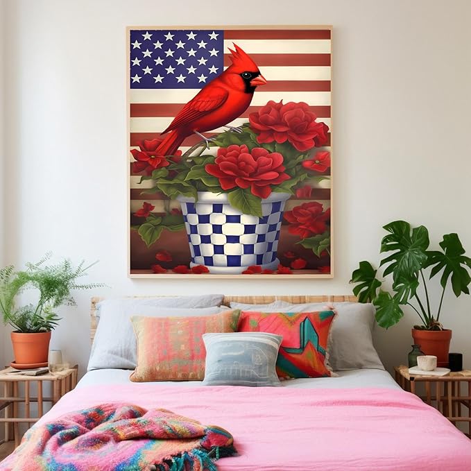 GUAIEUW Flowerpot Red Bird Flag Diamond Painting Kit for Adults, Full Round Diamond Cardinal Bird 5D Diamond Painting DIY Art Crafts for Winter Home Wall Decor Holiday Gift 20x24 Inch