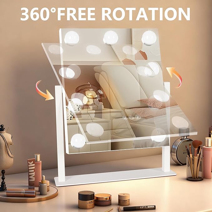 Ratsamee Hollywood Vanity Mirror with Lights, 9 Dimmable Bulbs, 3 Color Lights,Make Up Lighted Mirror, 10x Magnification 360°Rotation (12" x 14") White