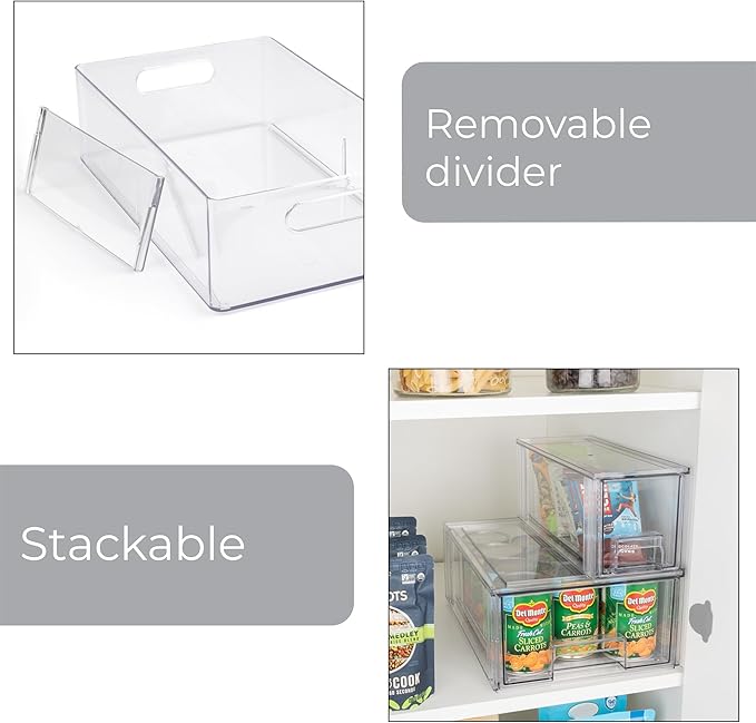 Smart Design Pull-Out Stackable Storage Bin with Removable Dividers - Small - 12.5" D x 8.35" W x 4.13" H - Clear