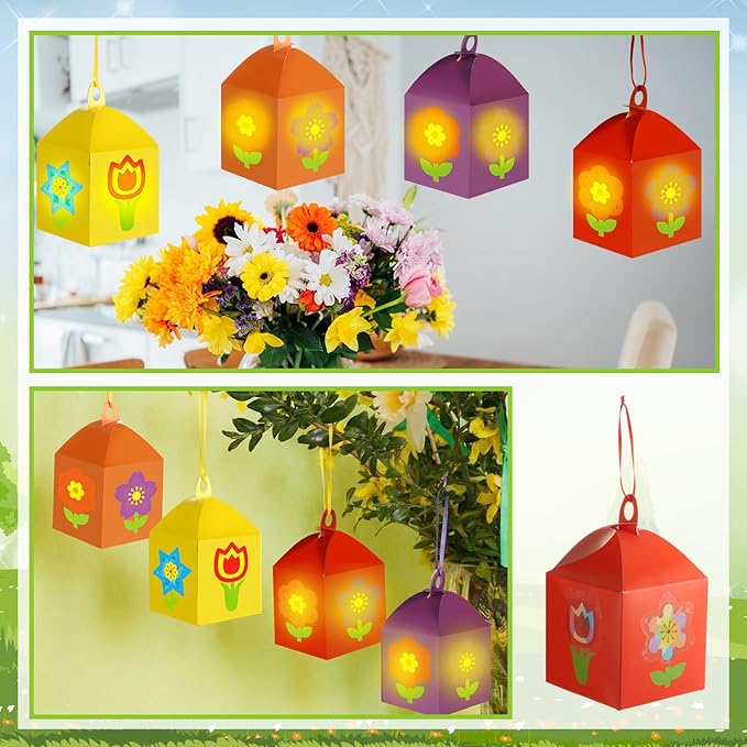 Simgoing 12 Sets Spring Flower Crafts with LED Lights DIY Mother's Day Crafts Lanterns Kits Colorful Flower Tissue Paper Suncatchers for Mother's Day Window Home Decor Spring Summer Activities
