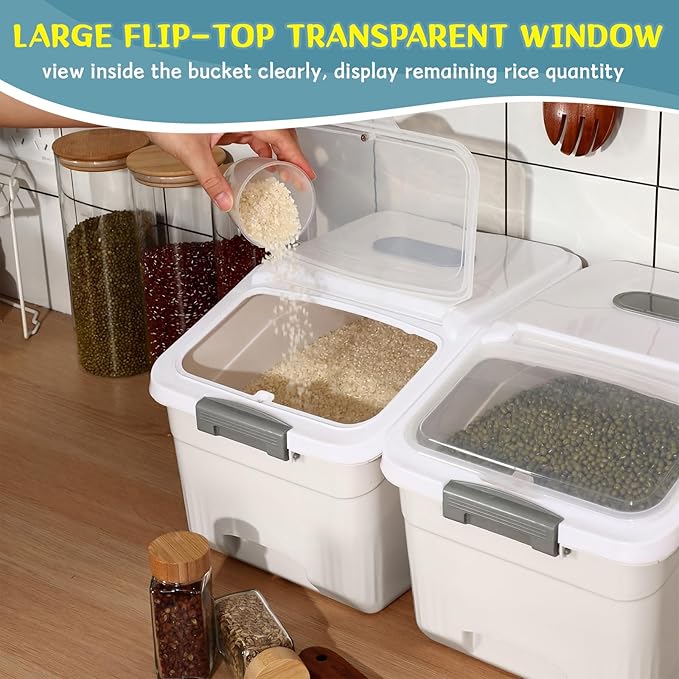 4 Pack Large Rice Storage Containers 30 Lbs Airtight Flour Container with Seal Locking Lid and Measuring Cup Kitchen Dry Food Storage Bins for Cereal Sugar Beans (Creamy White)