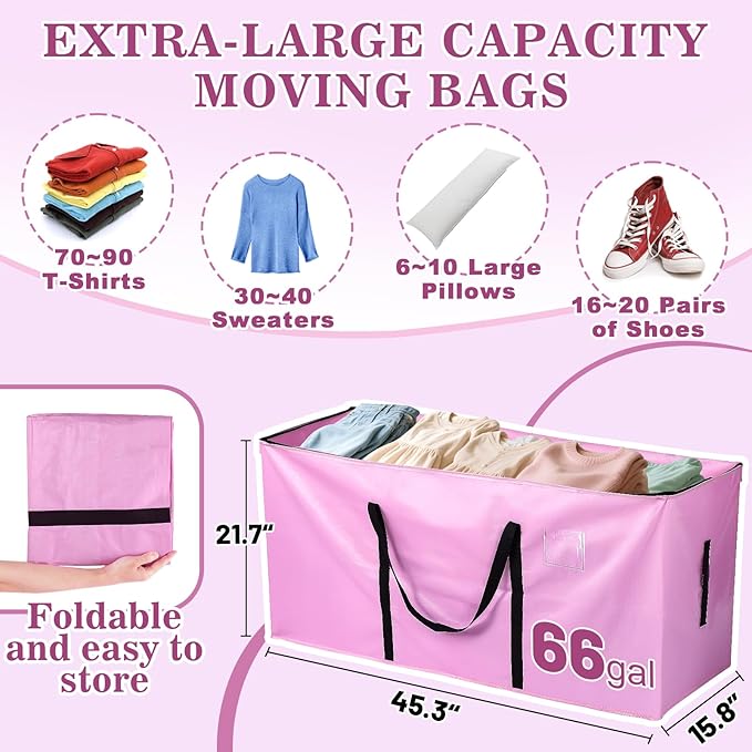 66 Gallon Extra Large Moving Bags - Heavy Duty Storage Bags with Zipper & Strong Handles, Pink Packing Bag for Moving, Storage, Travel and Camping, College Dorm & Home Supplies, 1 Pcs