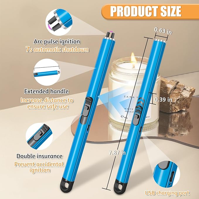 2 Pack Electric Candle Lighters, USB Rechargeable Lighter with Windproof Flameless & Extended Handle, Suitable for Candles, BBQ, Camping, Gas Stove, Festivals Gift (Blue, 2 Packs-B)