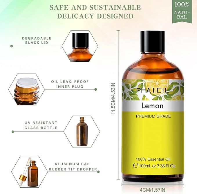 PHATOIL 3.38FL.Oz Lemon Essential Oil, for Aromatherapy Diffusers, Humidifiers, Great for DIY Candle and Soap Making, Gift for Friend