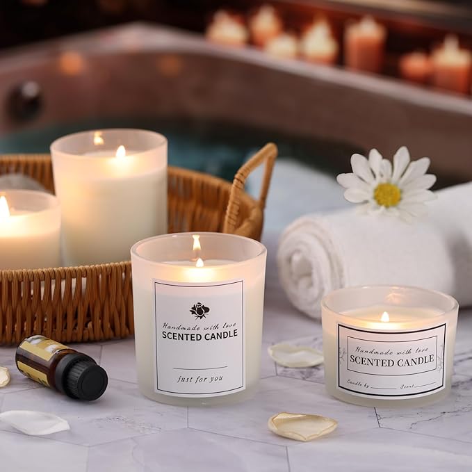 sunnyfuture 16 Pack Forsted White Candle Jars, 8pcs 7oz + 8pcs 4oz Candle Jars for Making Candles with Wooden Lids and Labels for DIY, Gifts, Home