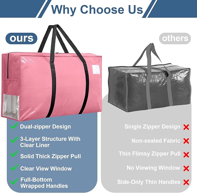 6PcsExtra Large Heavy Duty Moving Bags with Reinforced Zippers & Handles, 67L Waterproof Storage Tote Bag Bins Alternative to Box Moving Supplies Space Saving for Travel College Dorm Essentials Pink
