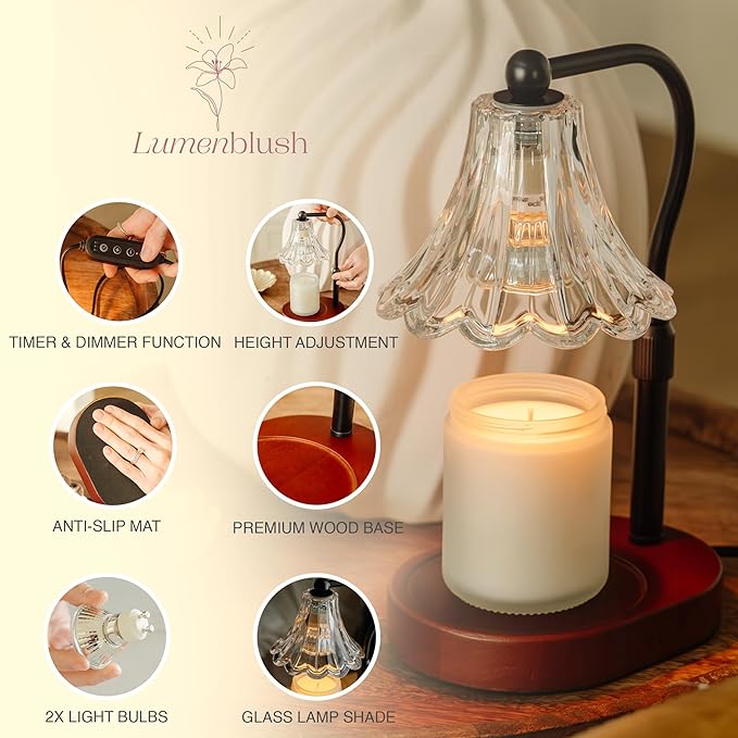 Candle Warmer Lamp – Dimmable Candle Lamp with Timer, Adjustable Height for Jar Candles (Walnut)