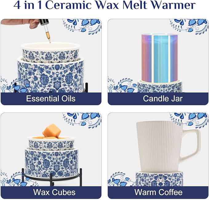 NAFANG Blue & White Porcelain Pattern Wax Melt Warmer,Ceramic 3-in-1 Electric Candle Wax Warmer for Scented Wax Melter Oil Burner for Home Office Bedroom Gift & Decor (with KD Iron Shelf)