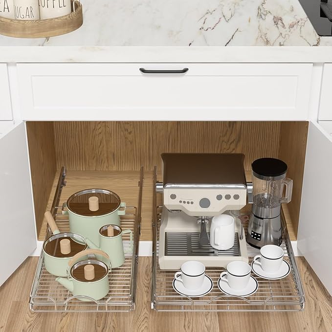 OCG Pull Out Cabinet Organizer 2 Pack (18" W x 21" D), Pull out Shelves 1 Tier, Cabinet Slide Out Shelves for Base Cabinet Organization in Kitchen Bathroom Pantry, Bottom Mount, Chrome Finish