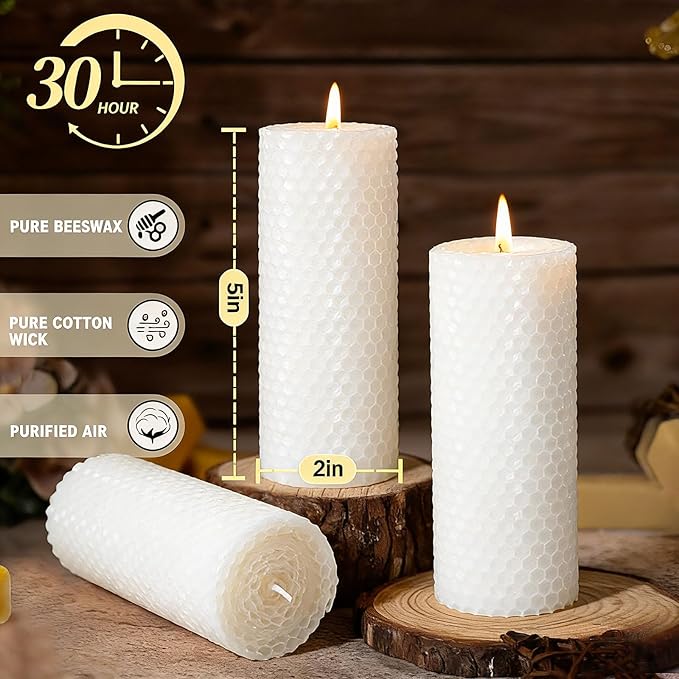 4 Pack White Beeswax Candles, Pure Natural Beeswax Pillar Candles-80 Hours Long Burning,Organic Bees Wax Candles for Home,Paryer,Parties,Unscented Dripless Smokeless Beeswax Candle Bulk 2x5in