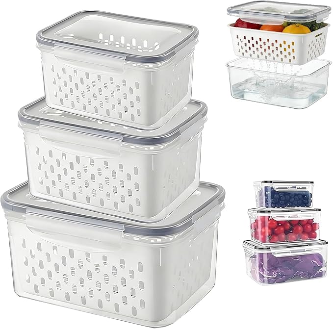 QUROXO 4 in 1 Food Storage Container-3 Piece Set, Household Transparent Plastic Food Storage Box with Lids, Food Fruit Storage Containers for Fridge with Drain Basket (Gray)