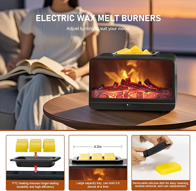 EQUSUPRO Wax Melt Warmer Electric Burner - Flame Fireplace Candle Wax Warmer, Wax Melter for Scented Wax with 4 Timer, Dynamic Flame Fragrance Wax Cubes Oil Warmer Gift & Decor for Home Office Studio