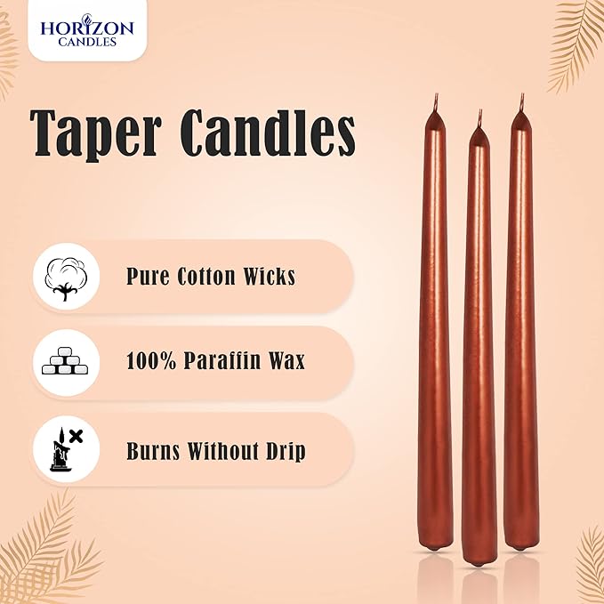 Horizon Unscented 10-Piece Taper Candle Set – 9 Hours Burning Time Smokeless & Dripless Candles for Centerpieces at Wedding, Holiday Dinners, Festive Parties and Home Decor - Metallic Copper